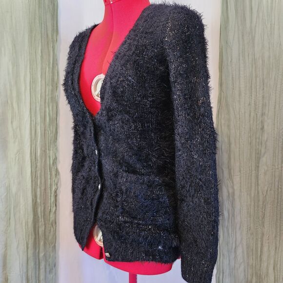 LOVE CRAZY Black Gold Metallic Fluffy‎ soft Button Up Long Sleeve Sweater Size M - Picture 3 of 5